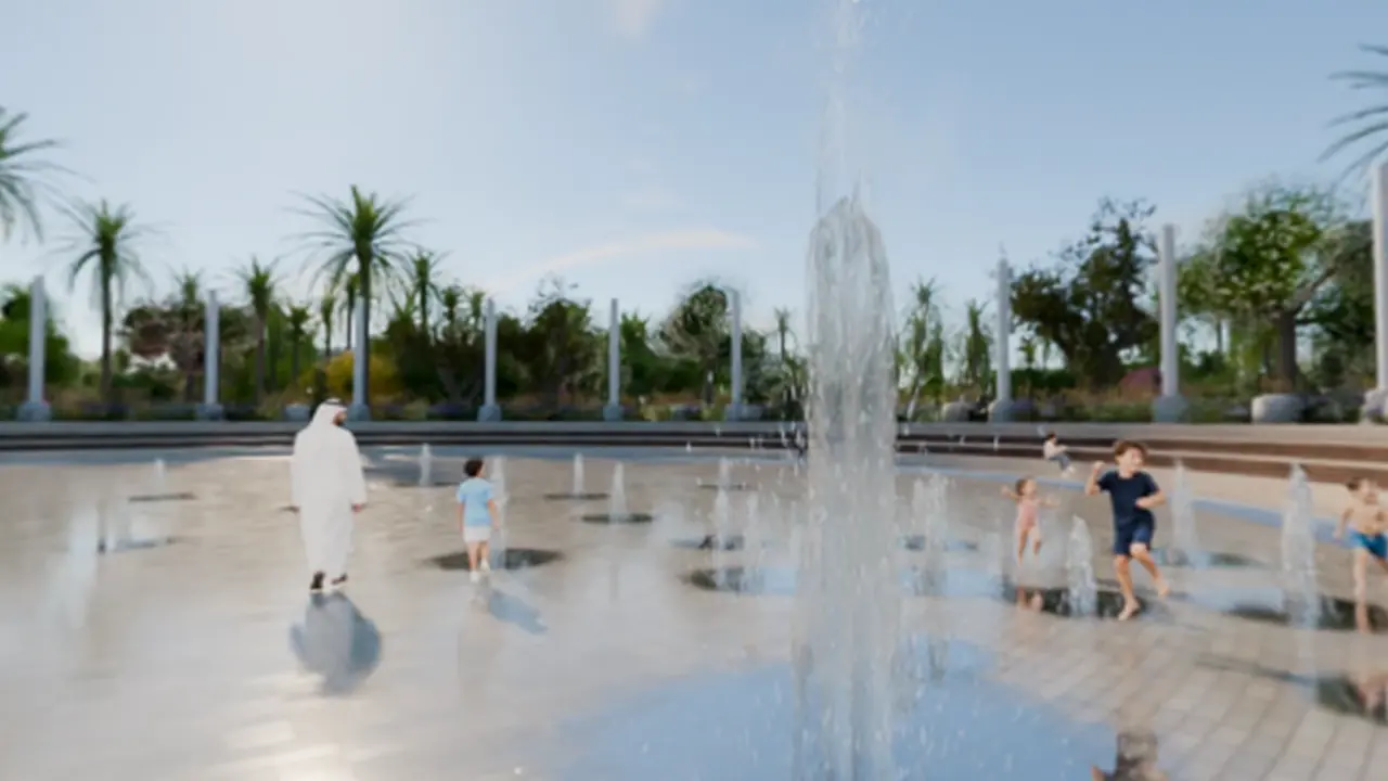Children playing among fountain jets on a paved plaza
